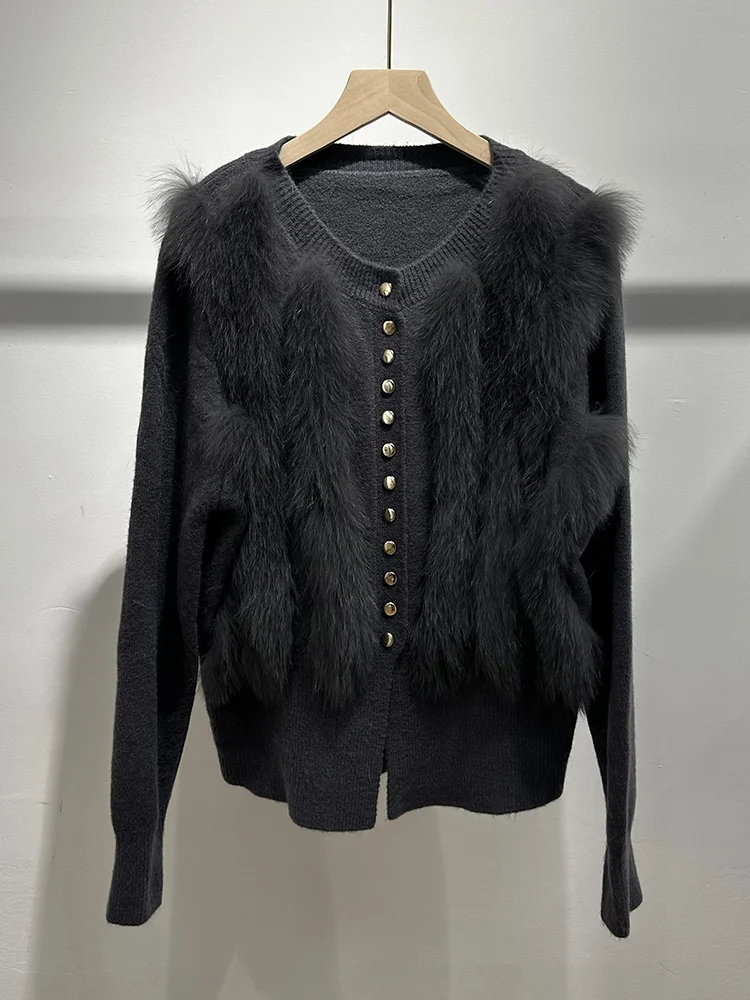 Women Autumn Real Fox Fur Cardigan Knitted Coat Fox Fur Collar Sweater Loose Lady Oversize Jacket Female Coat