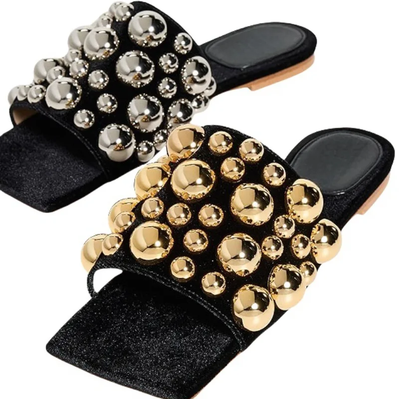 

Французские шлепанцы с открытым носком, квадратным носком и металлическими заклепками, удобные, на плоской подошве, женская модная обувь в европейском и американском стиле, показы мод