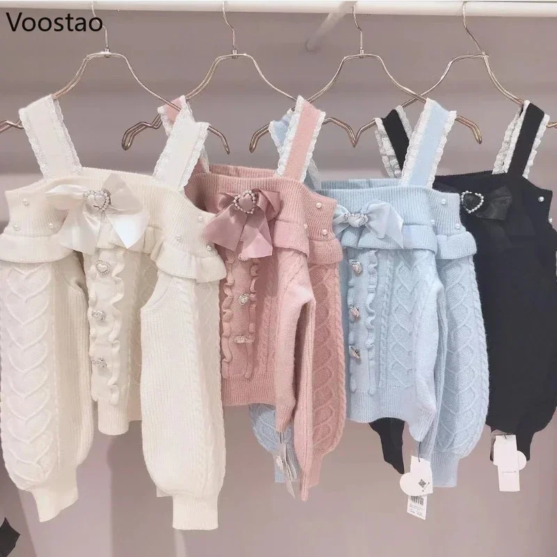 Japanese Lolita Kawaii Knitted Pullover Autumn Women Bow Heart Buckle Off Shoulder Pearl Sweater Girls Harajuku Knitwear Tops