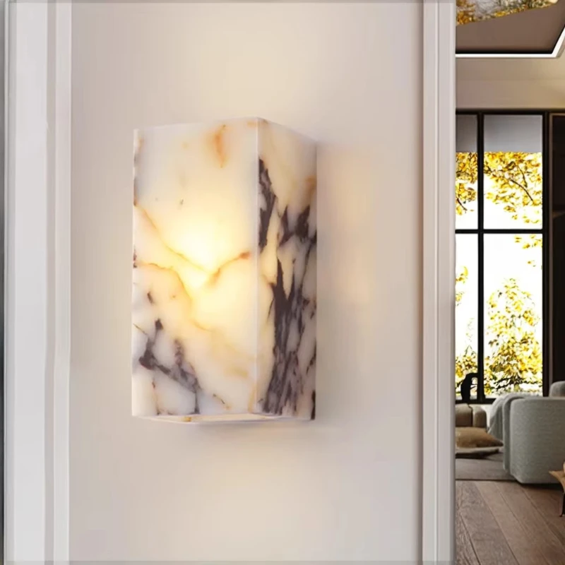 

Luxury Alabaster Marble White Cuboid Natural Stone Wall Lamp Living Room Hotel Bedside Wall Lamp Bedroom Wall Lamp