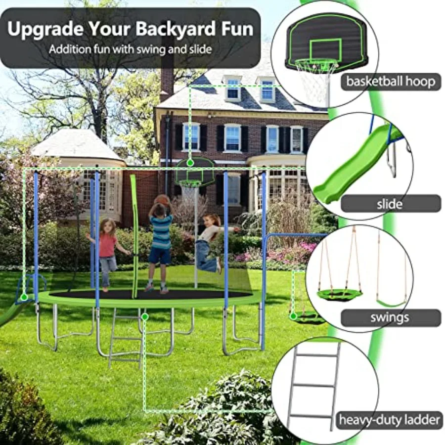 12FT trampoline with slide and swings for backyard use green polyethylene mat and galvanized steel frame ASTM approved includes