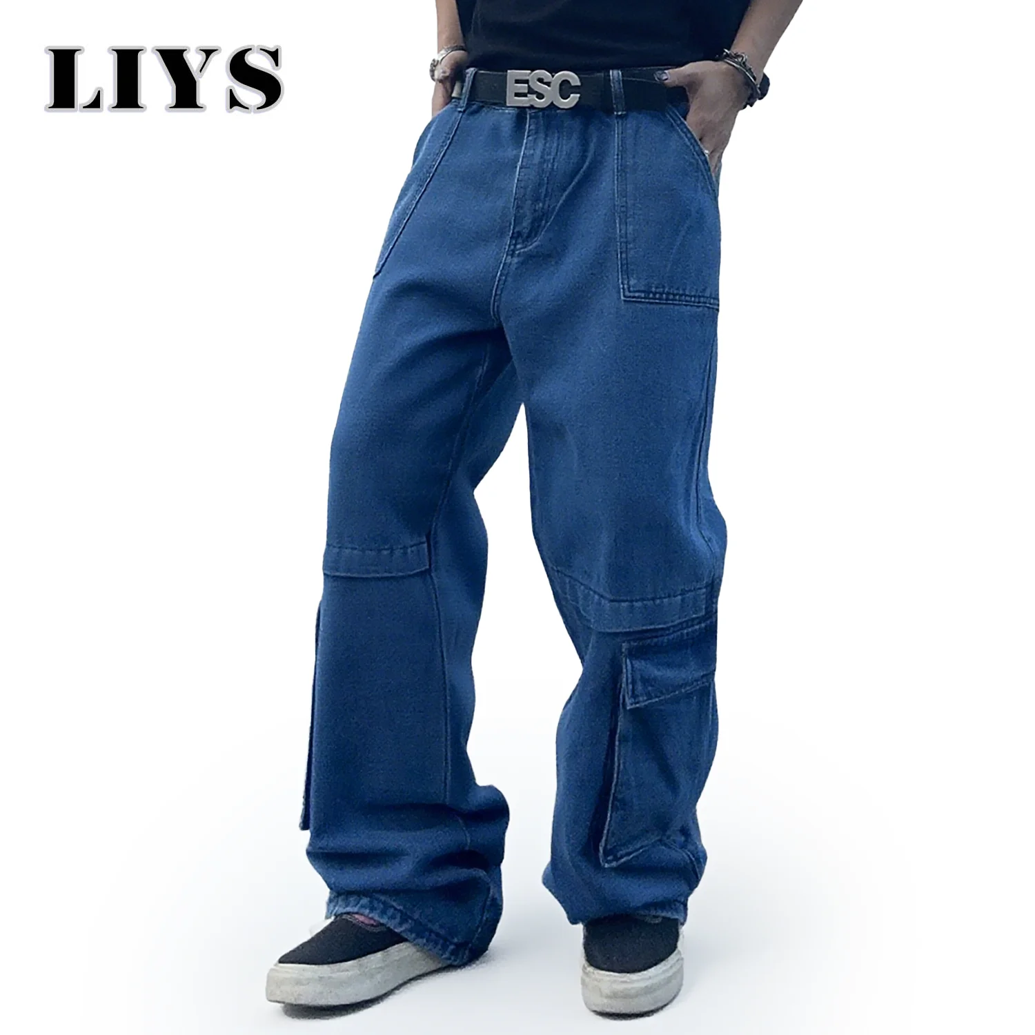 

Мужская осенняя рабочая одежда с несколькими карманами Y2K Джинсы однотонные свободные прямые джинсовые брюки Мешковатые джинсы Мужская рабочая одежда Готические брюки