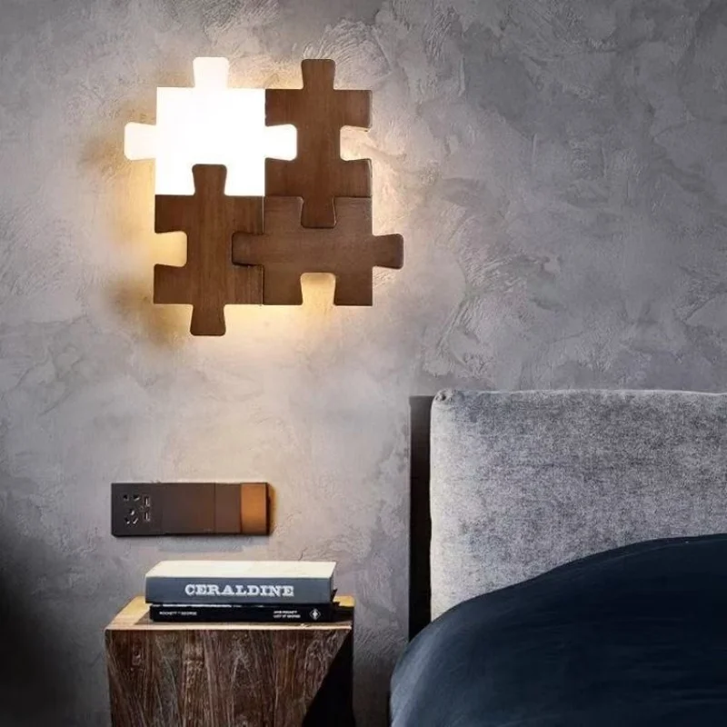 Modern Building Block Wall Lamp Bedroom Headboard Minimalist Entrance Hallway Lamp Creative Walnut Wood Lighting Fixture