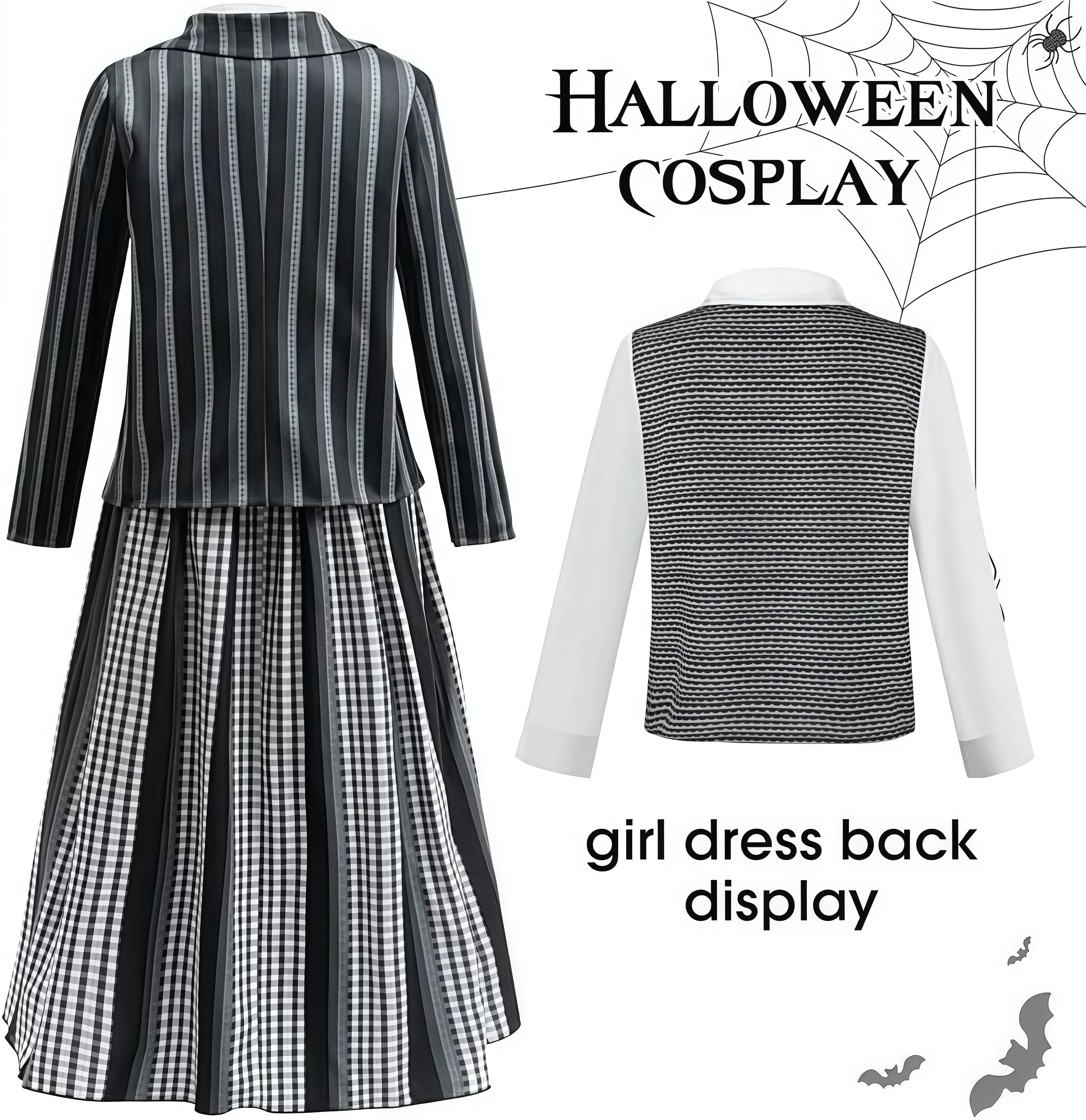 زي مدرسي للأطفال البنات أكاديمية زي تنكري أسود ورمادي فستان مخطط للعائلة الأربعاء والهالوين مجموعات حفلات أعياد الميلاد
