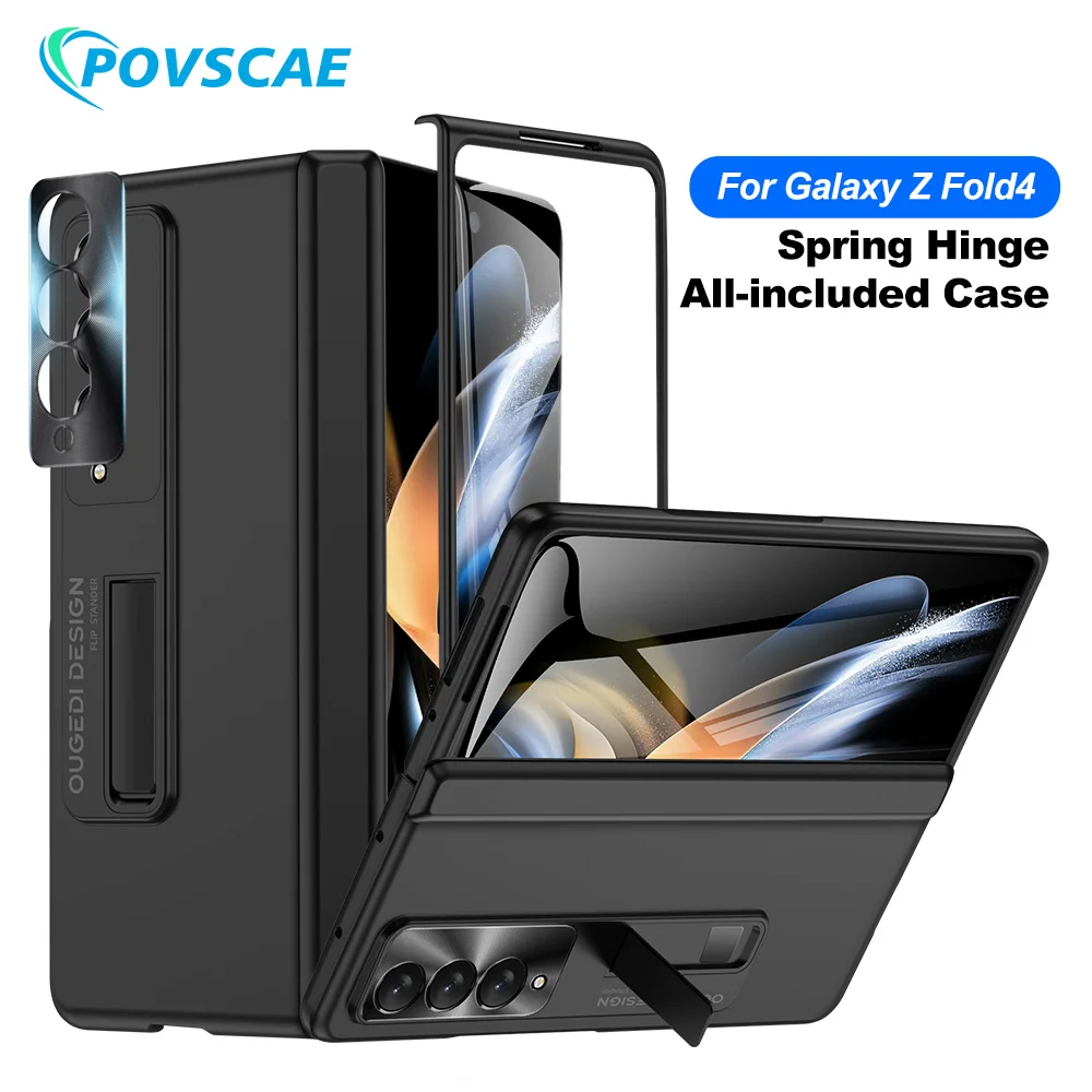 

For Samsung Galaxy Z Fold 4 Slim Case All-Inclusive Hinge Protection PC Shockproof Phone Case With Kickstand Screen Protector