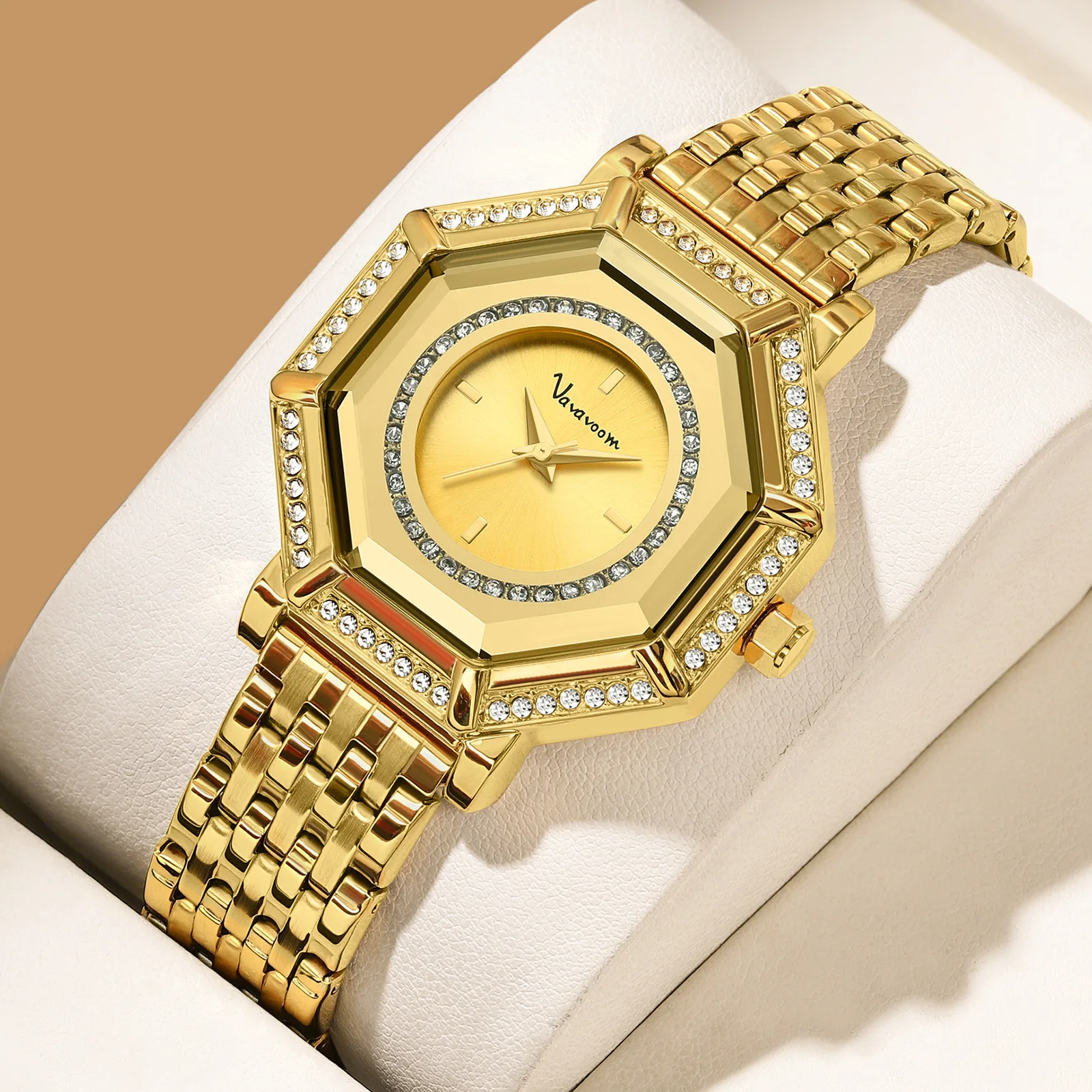 Luxury Brand Diamond Inlaid Mother of Pearl Literal Japanese Movement Waterproof Steel Strip Quartz Watch for Women