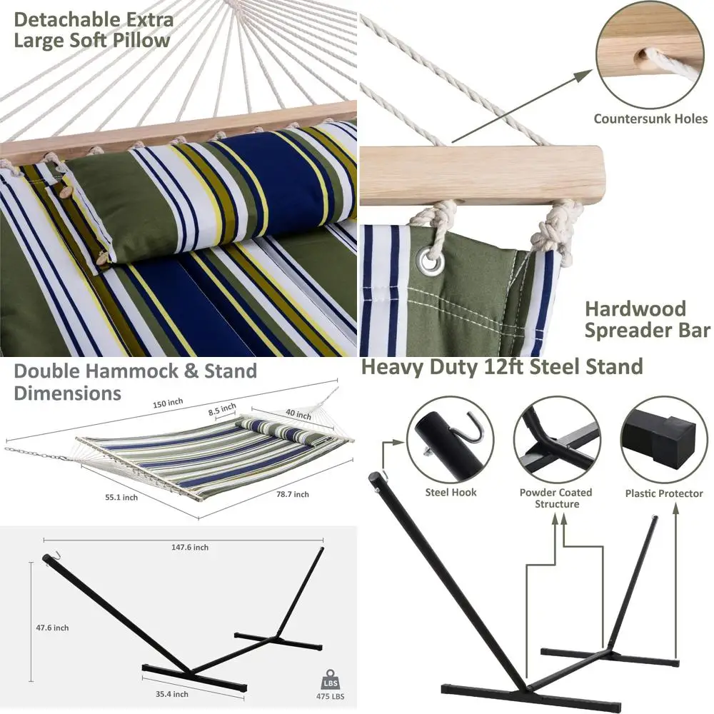 Extra Large Quilted Double Hammock with Hardwood Bars & Pillow, Heavy Duty, Ideal for Outdoor Patio, Deck, Yard, Blue & Aqua