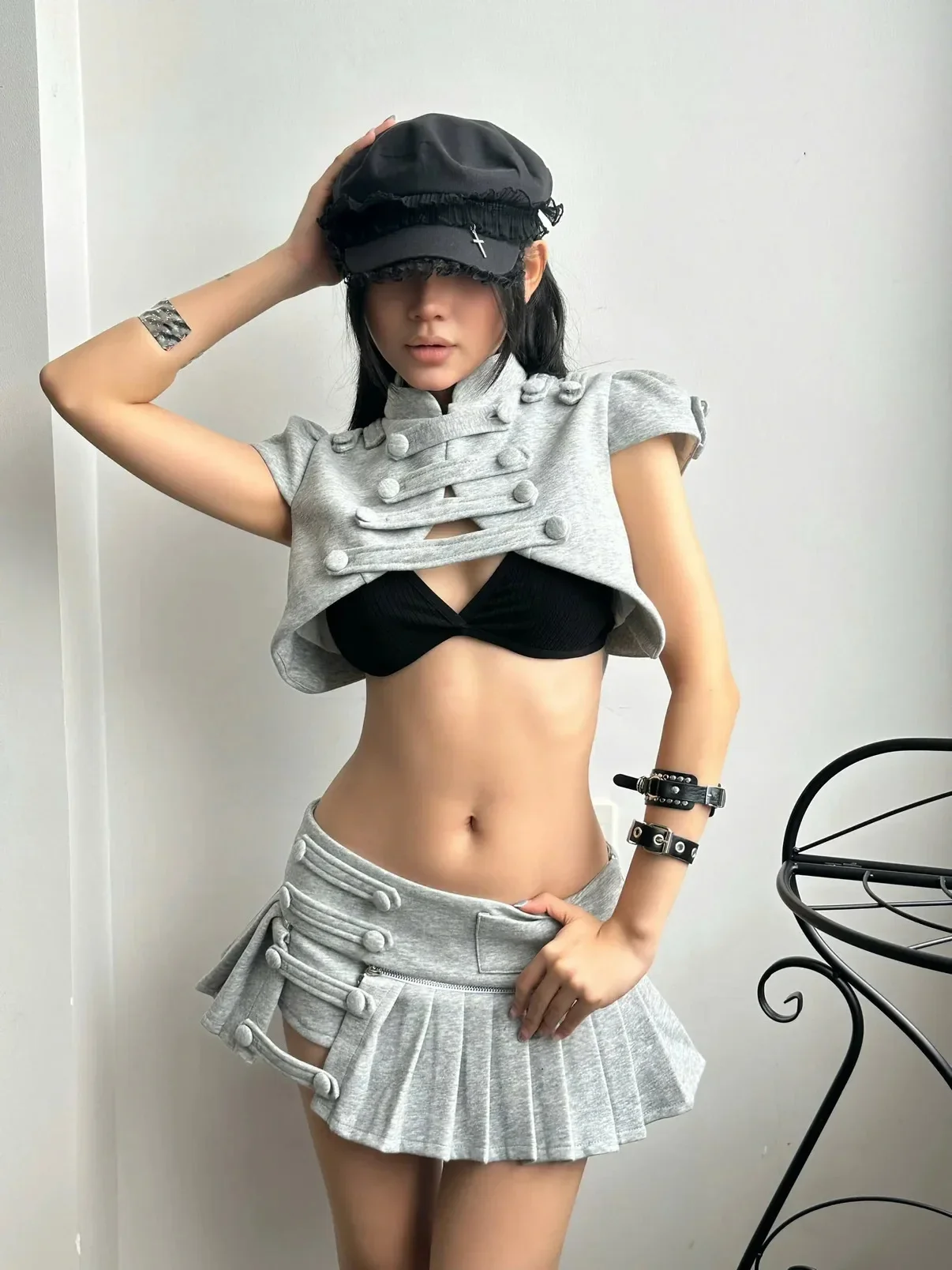 Retro Slim Fit Sexy Two Piece Set Neo Command Jacket Low Waist Hot Shorts Cotton Knitt Set Fashion Design Punk  Woman Streetwear
