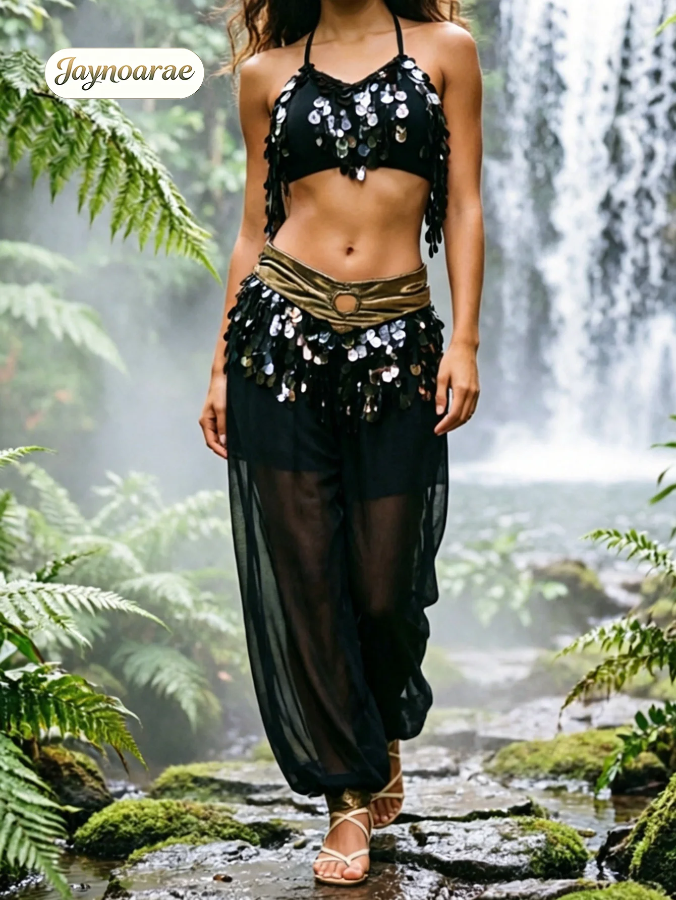 JAYNOARAE Damen 2-teiliges Bauchtanz-Kostüm-Set, Bandage-Top & Tribal-Haremshose, Indische Outfits, Schmuckset, Professionell