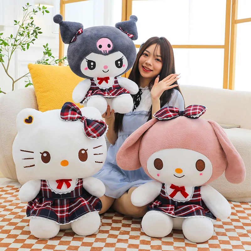 20/30/45 Cm Sanrio New Hello Kitty Kuromi My Melody Plush Doll Kawaii Cartoon Plush Stuffed Toy Cute Plaid Dress Toy Girl Gift