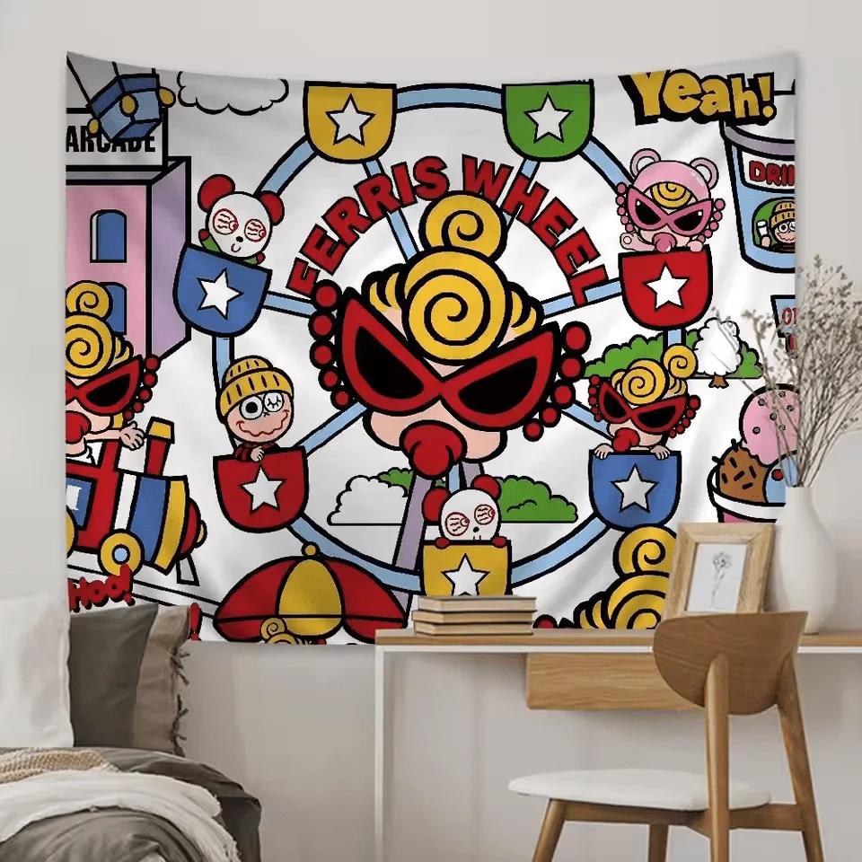 Cute Cartoon Amusement Park Tapestry - Ferris Wheel, Robot Bear, Colorful Stars, Kids Room Decor, Multiple Sizes