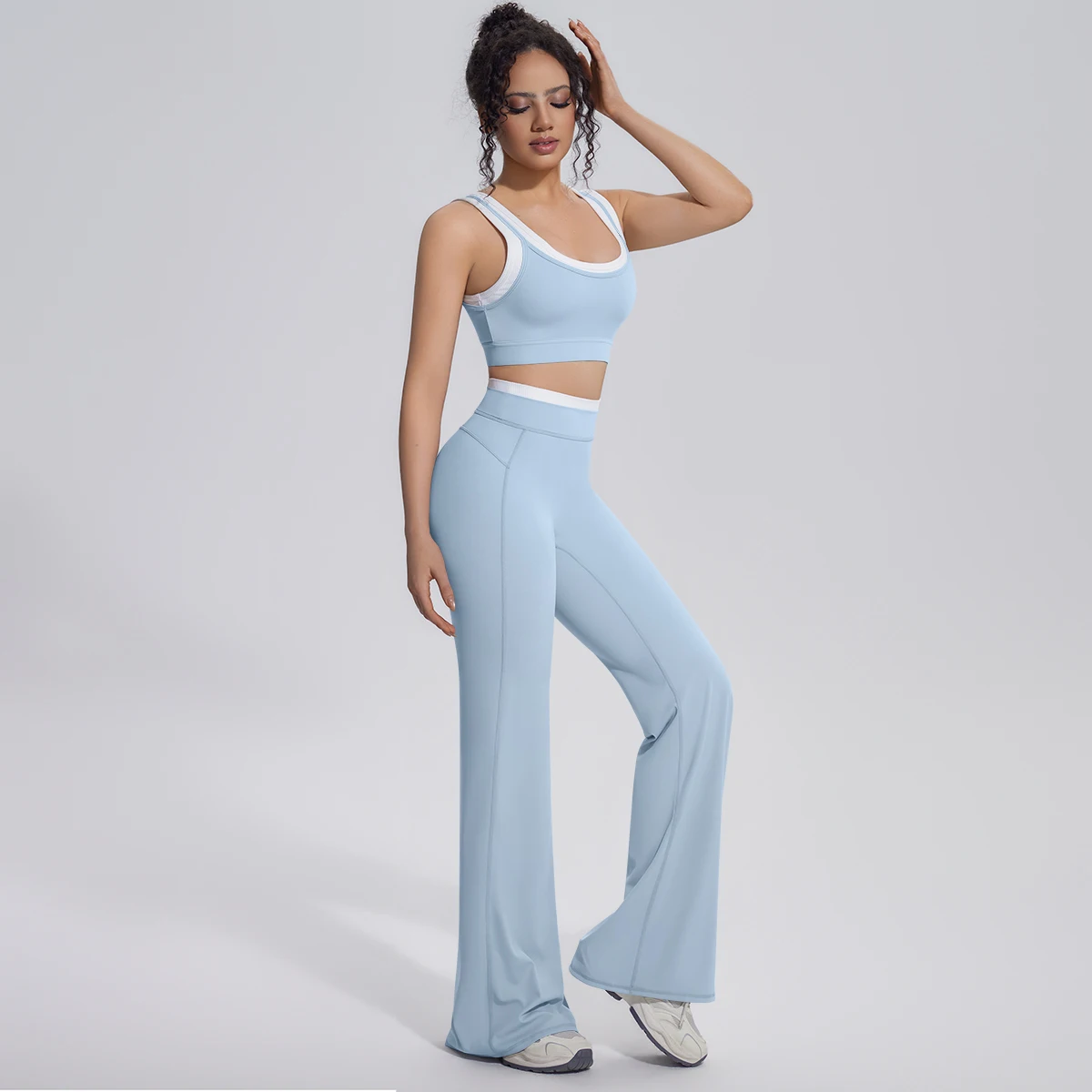 Neues Farbblock-Set mit Schönem Rücken-Yoga-BH und Weiten Hosen für Sommer, Fitness, Laufen und Workout, Hochelastisches, Lockeres Schlaghosen-Oberteil – Detail 36