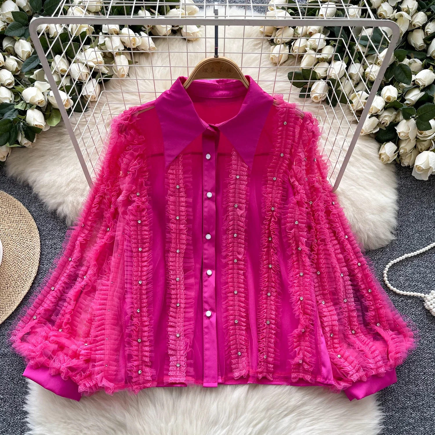 Vintage Turn-down Collar Lantern Sleeve Slim Single Breasted Chic Rhinestone Pleated Top French Women High Street Autumn Blouse