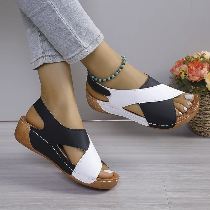 New Women's Contrast Color Wedge Sandals Summer Peep Toe Non Slip Beach Shoes Woman Comfortable Platform Roman Sandalias Mujer image 2