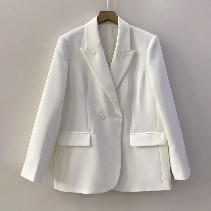 Back Diamond Decoration Women's White Blazer Notched Double Breasted Long Sleeve Fashion Female Suit Jacket