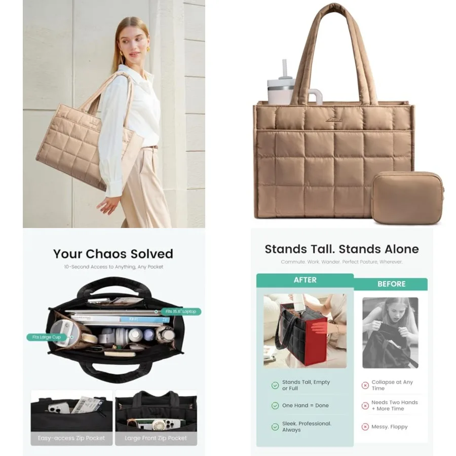 

Tote Bag for Women, Puffer Work Handbag Laptop Purse for Nurse Teacher, Large Quilted Travel Tote Shoulder Bag with Zipper for