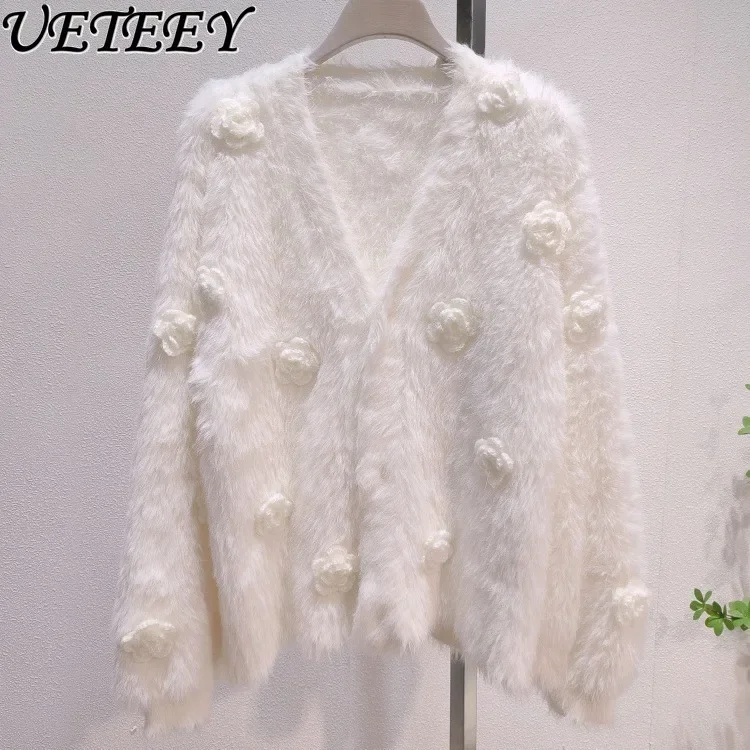 Imitation Mink Hair V-neck Short Knitted Jacket Long Sleeve Flower Sweater Women's Outerwear Cardigan Autumn and Winter Coat