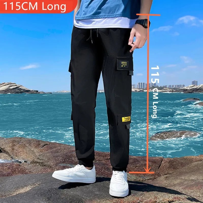 

Cargo Pants Tall Guy Joggers 115CM Men Boys Students Black Harem Pockets Extra Long Male Stretch Slim Fit Summer Thin Trousers