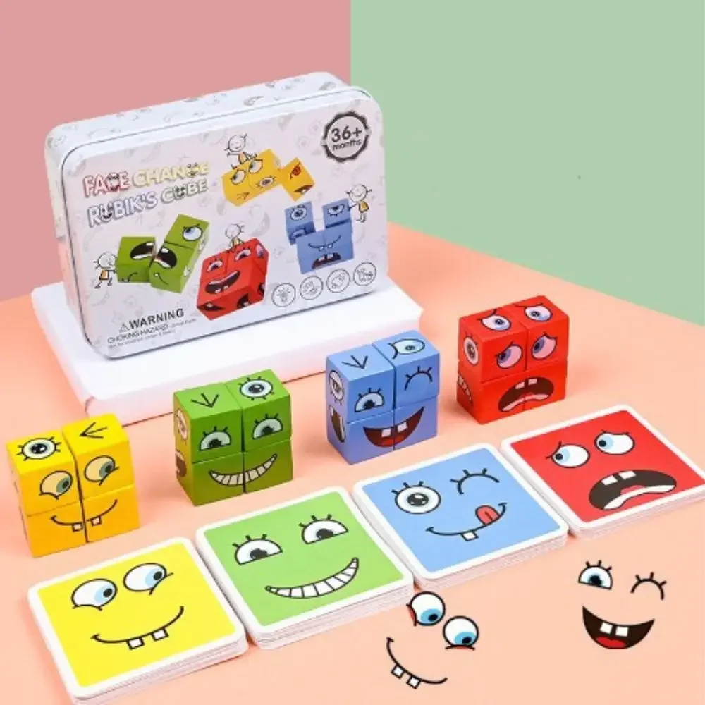 Crianças mudança de rosto expressão quebra-cabeça blocos de construção montessori cubo jogo de mesa brinquedo cedo brinquedos educativos para crianças presentes