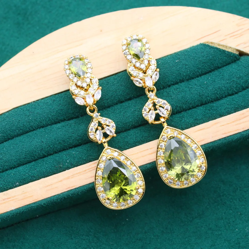 Olive Green Zircon Gold Color Jewelry Sets for Women Birthday Bracelet Long Earrings Necklace Pendant Ring Holiday Gift