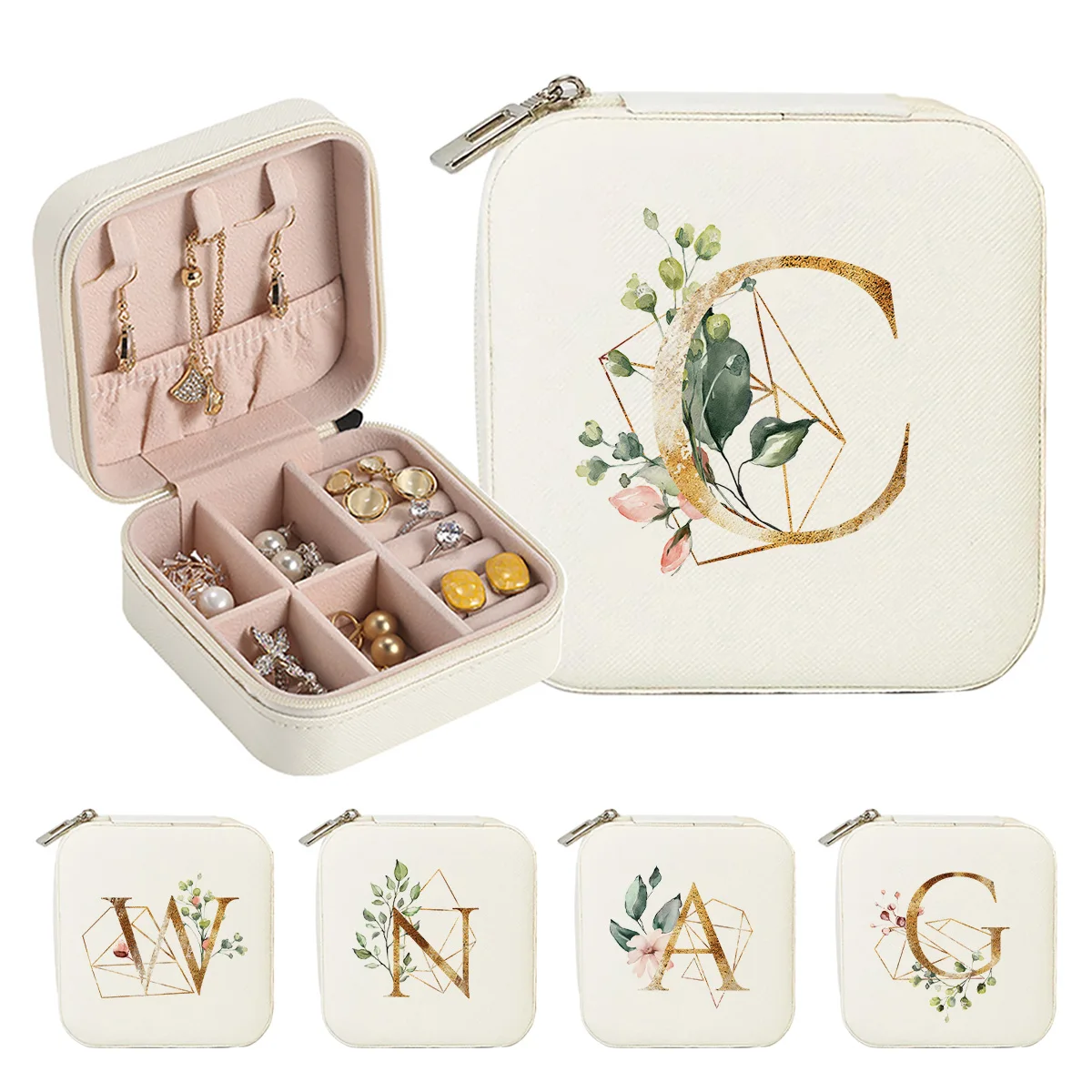 Personalized Floral Initial T Jewelry Box, Mini Portable Travel Organizer, Zipper Storage Case for Rings Earrings