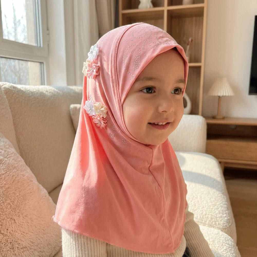 

Beautiful Flower Design Kids Hijab Pull On Style Stretchable Girls Hijab Breathable Jersey Material Islamic Headscarf School