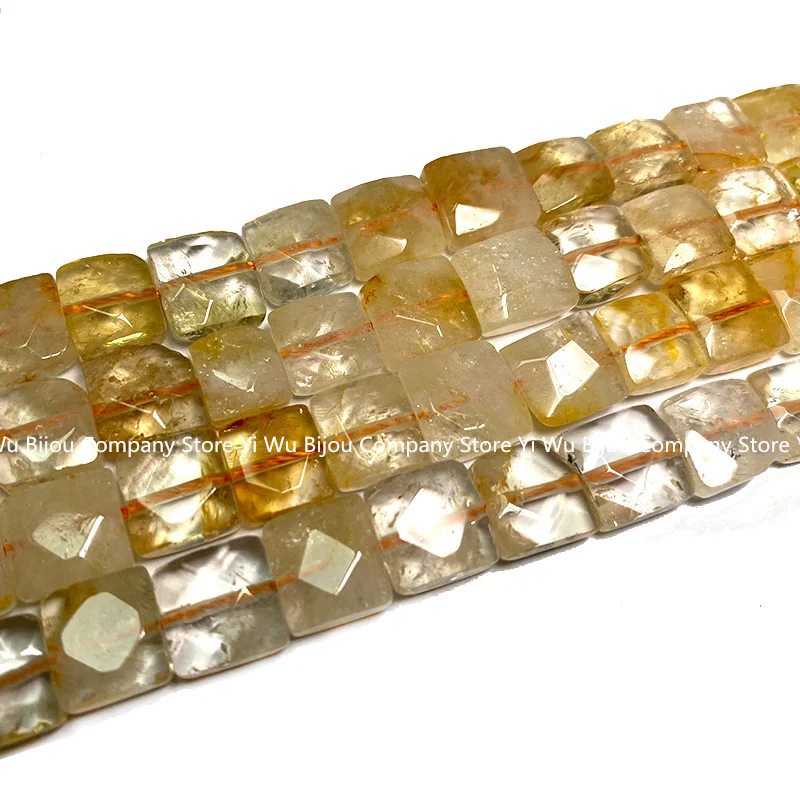 Natural Stone 10x10MM Flat Square Yellow Citrine Faceted Crystal Loose Spacer Beads for Jewelry Making Diy Bracelet Accessories