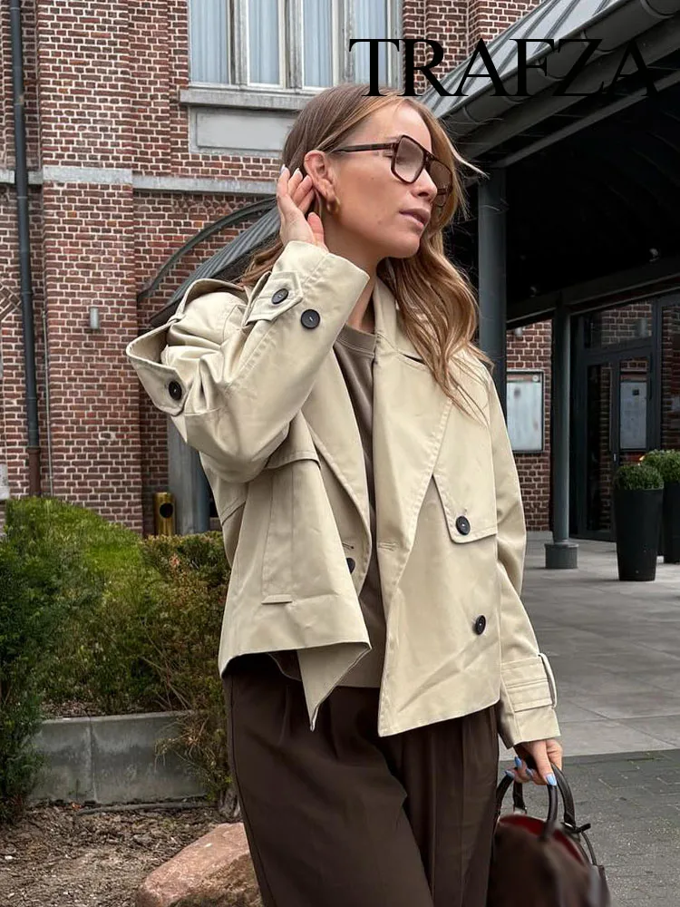

TRAFZA Woman Autumn Fashion Street Style Coat Lapel Double-Breasted Pocket Design Solid Windbreaker Women Chic Casual Loose Coat