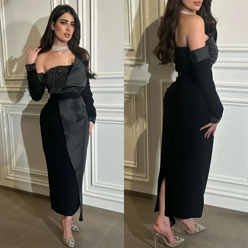 Sexy Off-The-Shoulder Rechte Avondjurken Met Lovertjes Kralen Plooi Party Prom Dress Op Maat Gemaakte Gelegenheidsjurk Midi-Jurken