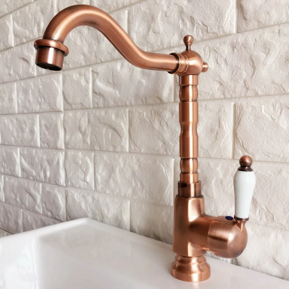 

Antique Red Copper Kitchen Sink Faucet Swivel Spout Washbasin Faucets Cold and Hot Water Mixer Bathroom Taps Deck Mounted Lnf402