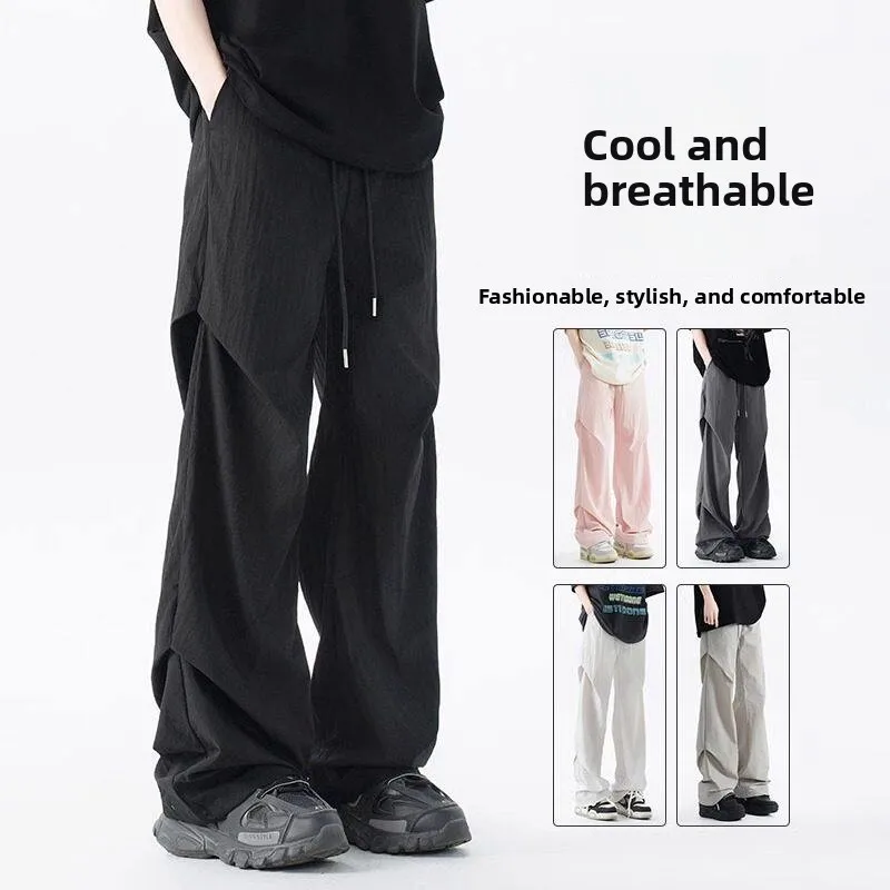 

Американские плиссированные брюки-карго в стиле High Street для мужчин, летние, тонкие, быстросохнущие, из ледяного шелка, струящиеся, высококачественные повседневные брюки