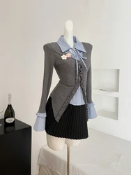 Spring Korean Fashion College Style 2 Pieces Set Women Fake Two Pieces Cardigan Tops+Mini Pleated Skirts Cute Sweet Casual Suits