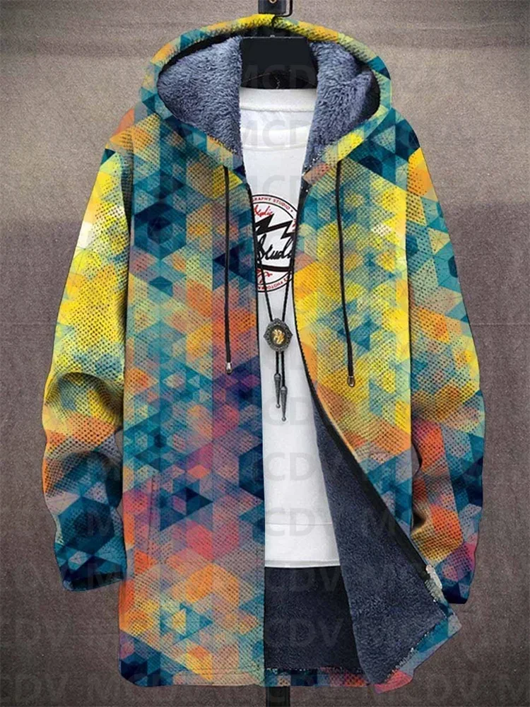 Unisex Vintage Geometry Crystal Gradient Art Casual Print Plush Thick Long-Sleeved Sweater Cardigan Coat