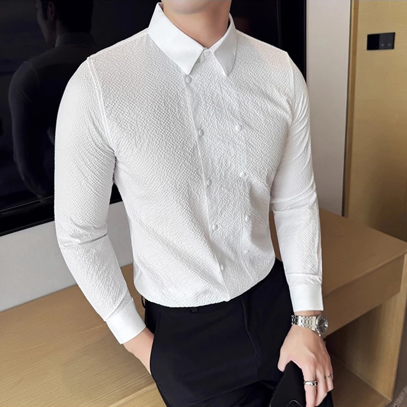 

High Quality Double-breasted Men Shirts Business Casual Social Long Sleeve Man Dress Shirt Asian Size Trendy Brand Mens Clothing
