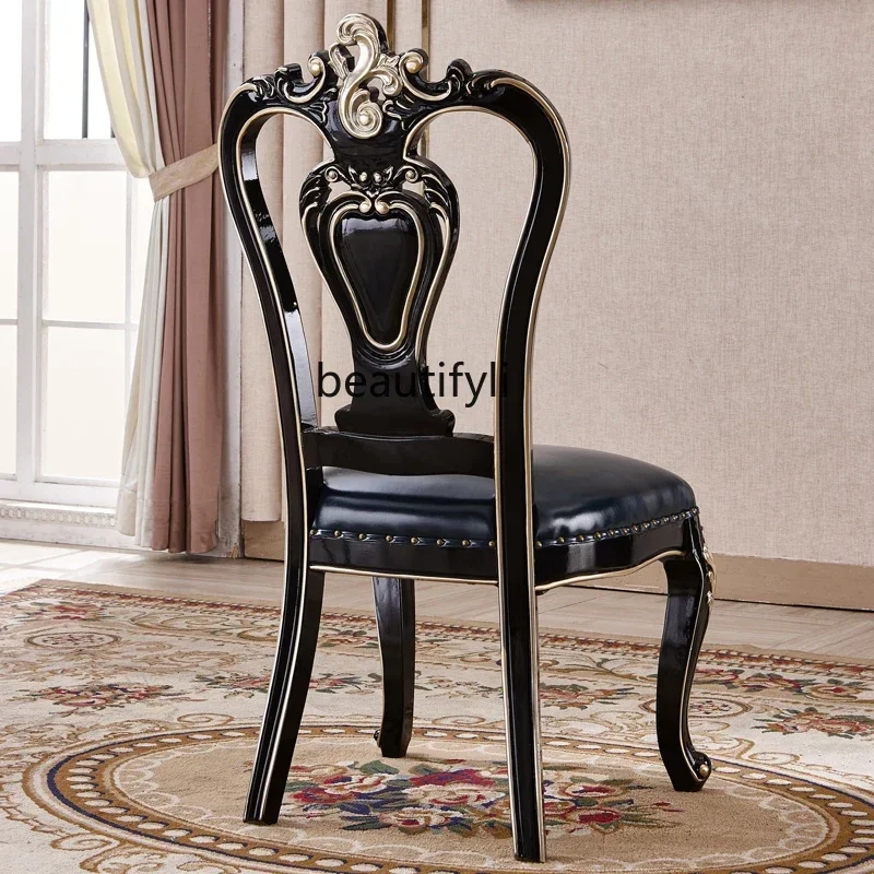 B178 European dining chair, all solid wood double-sided carved top leather dining chair hotel dining chair