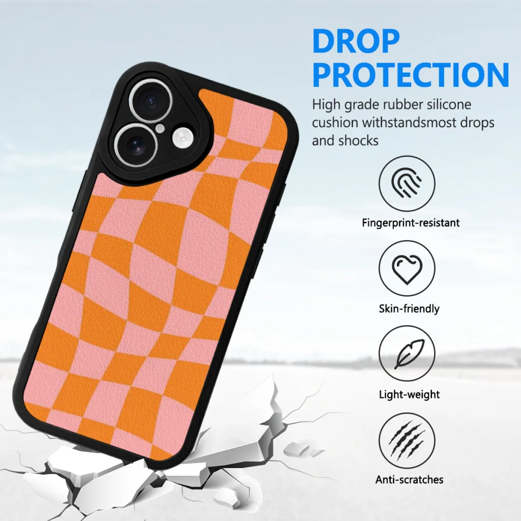 Phone Case For iPhone 16 Pro Max Plus Silicone Skin Case Warped Checkered Pattern (orangepink)