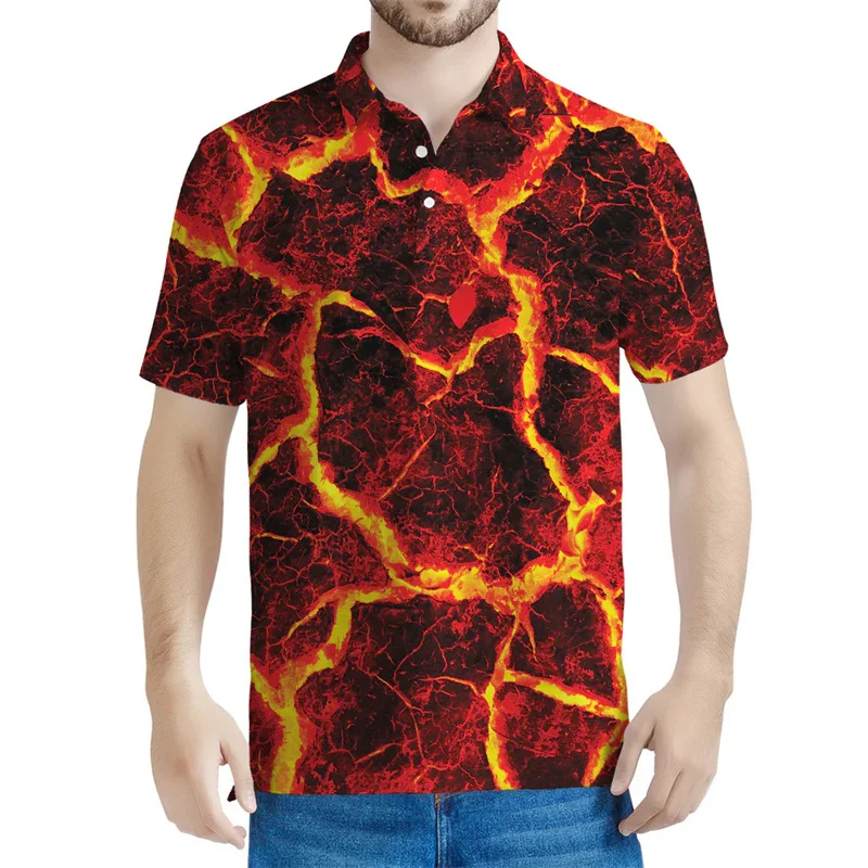 Hot Magma Pattern Polo Shirt For Men Lava Volcano 3D Printed T-Shirts Casual Street Lapel Tops Button Tees Loose Short Sleeves