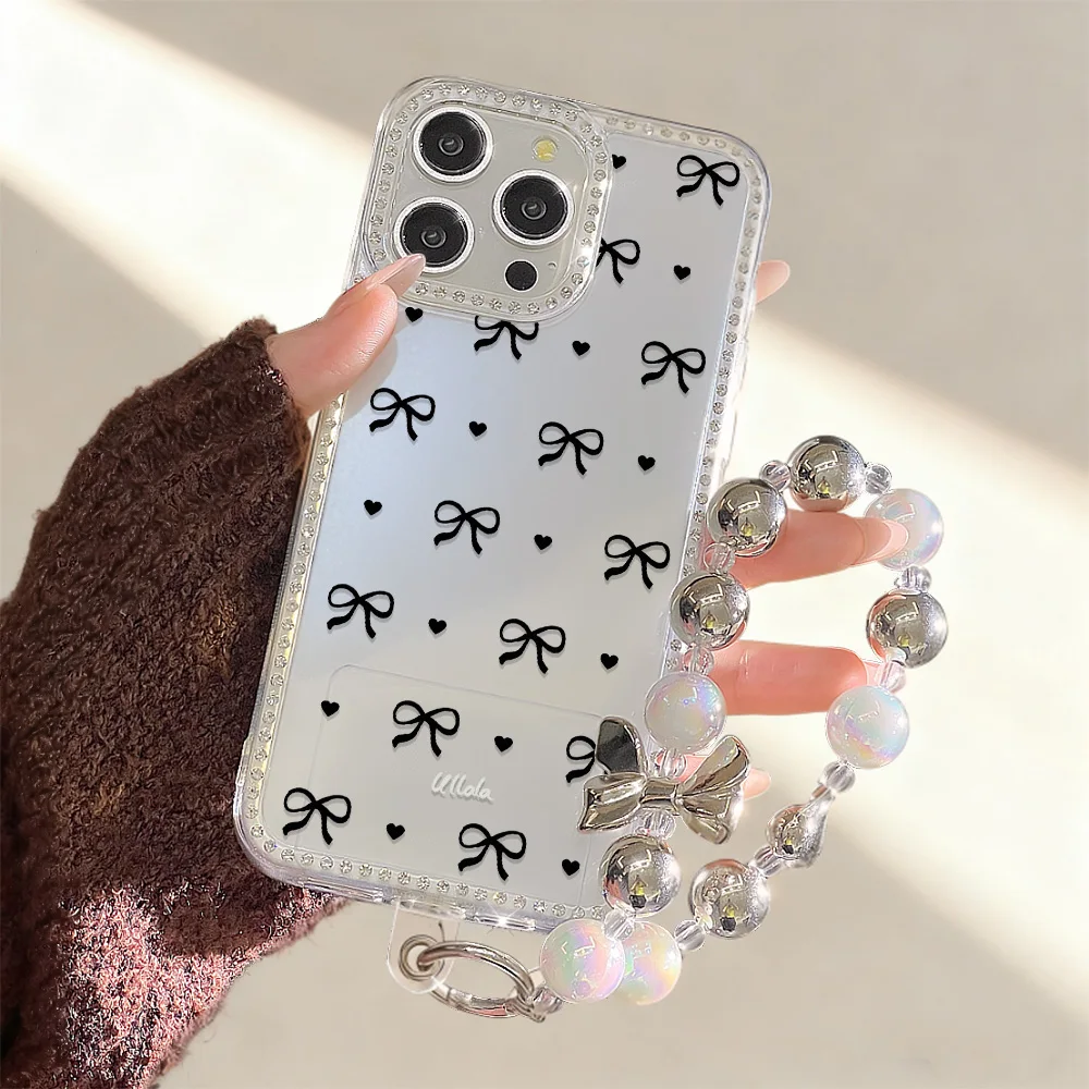Diamant-Lanyard-Handyhülle für iPhone 17, 16, Pro Max 11, 13, 15, 14, 12, Air 17 Pro Max, transparent, stoßfest, mit Schleife, Knoten, bemalt