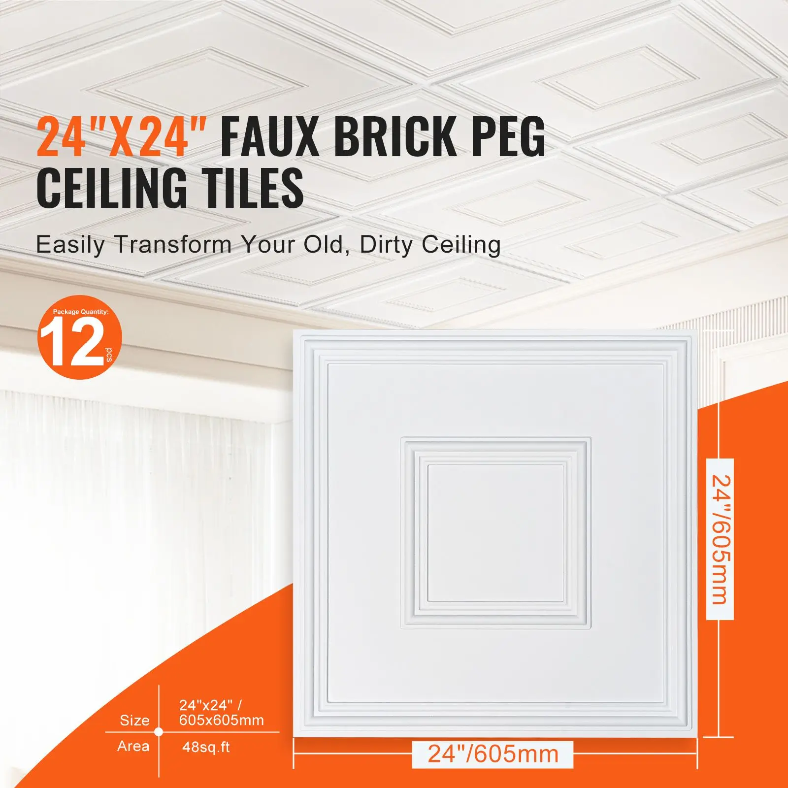 Ceiling Tiles, 12-Pack 24 x 24 in, Drop Ceiling Tiles Premium PVC Sheet, Easy Installation/ Cutting Plastic Glue-up Ceiling Tile