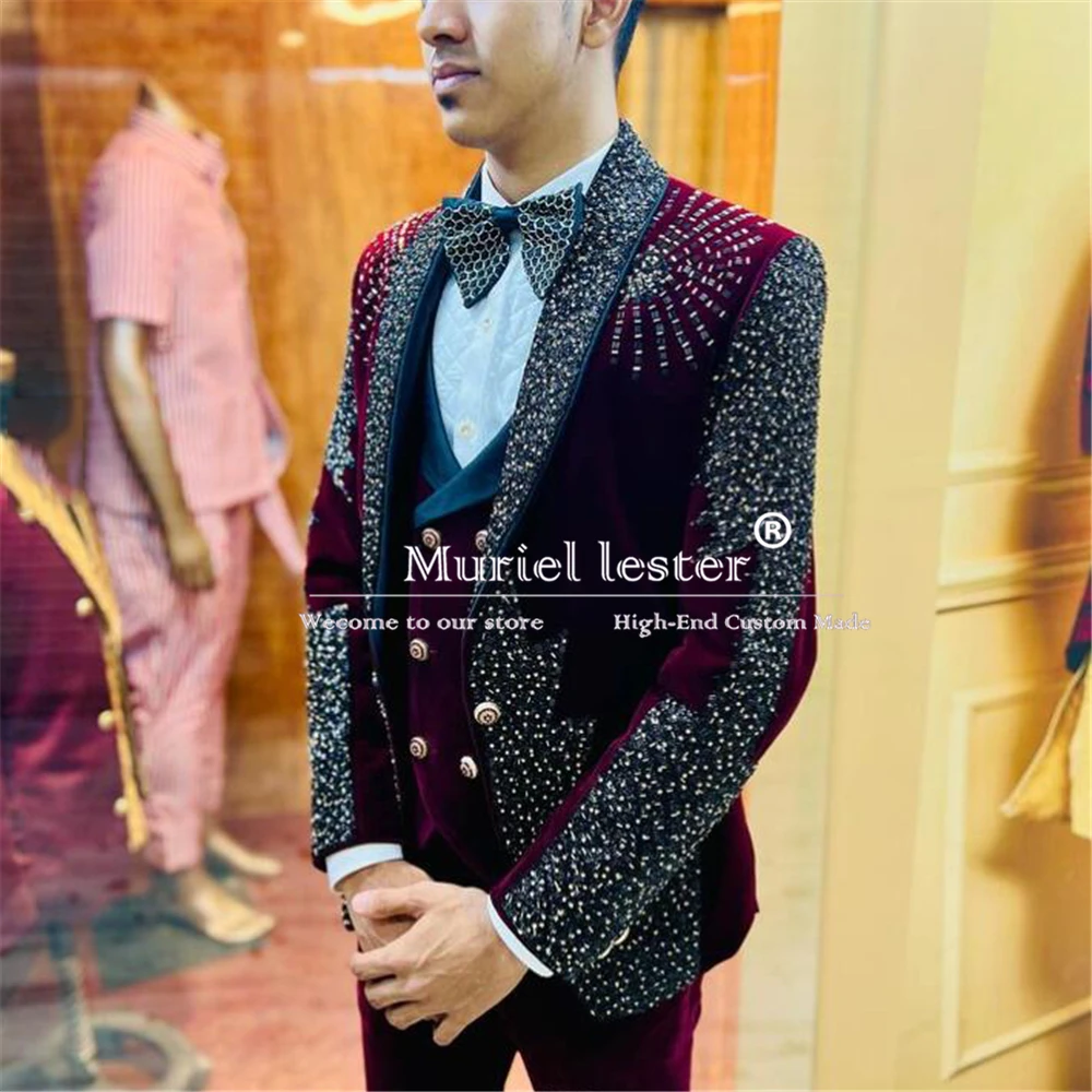 Burgundy Velvet Suits Men For Wedding Crystals Beaded Jacket Pants 3 Pieces Groom Tuxedos Tailored Terno Masculinos Completo