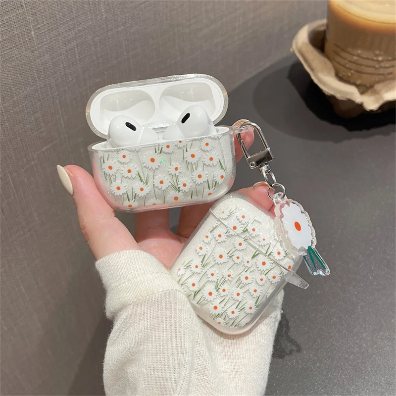 Funda brillante con dibujos animados para AirPods Pro 2. ª, funda con diseño de flores y purpurina, llavero de moda para Apple AirPods 2, 1 y 3