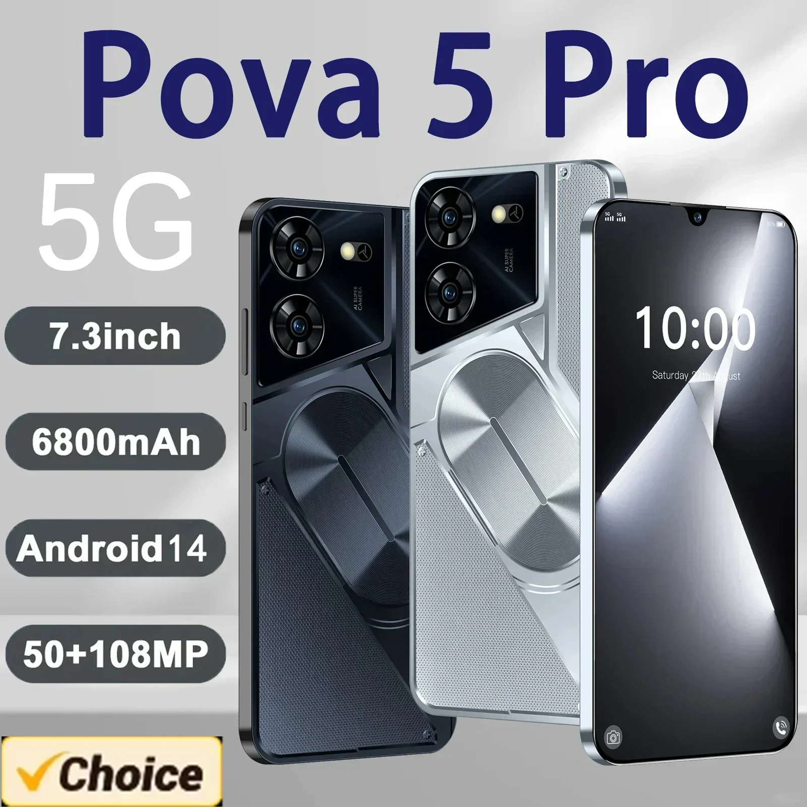 

New Pova 5 Pro Smartphone 5G 16GB+1TB 7.3 HD Screen Android 14.0 6800mAh CelulareSim Face Unlock Global Version 50MP+108MP Pixel