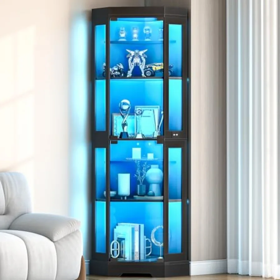 Corner display cabinet with tempered glass doors, black finish, LED lighting, 6-tier modern curio cabinet for collectibles and view 2