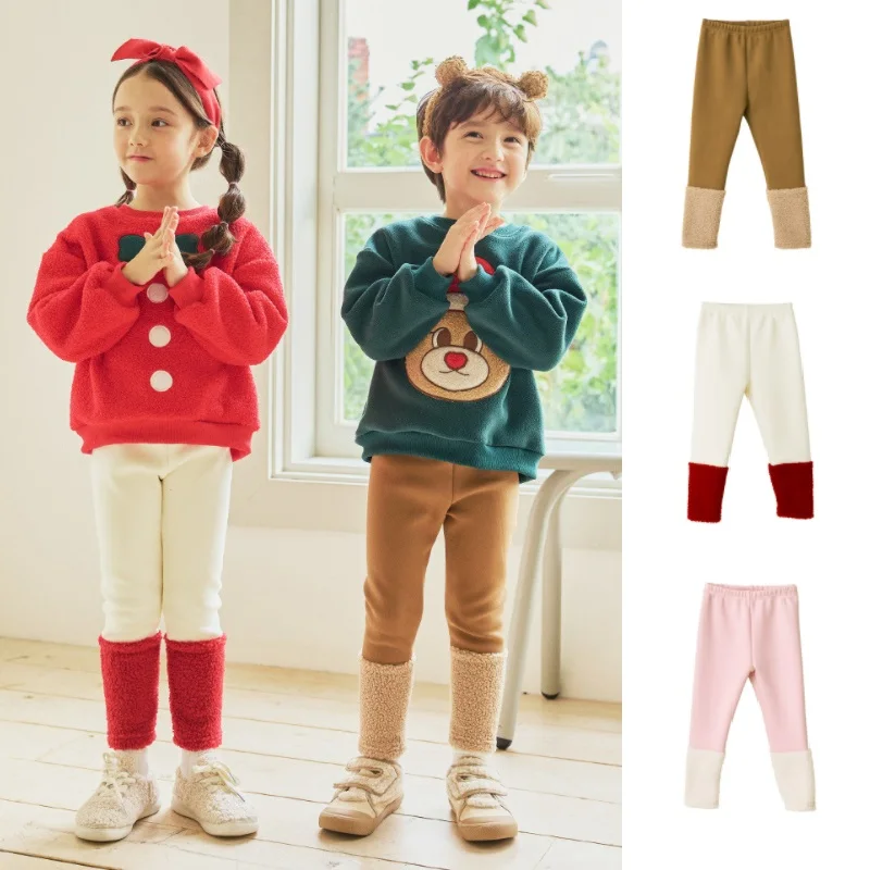 

Children's Leggings Autumn/Winter 2024 New Pink Patchwork Fashion Plus Fleece Tights Cotton Cute Christmas Pants For Children