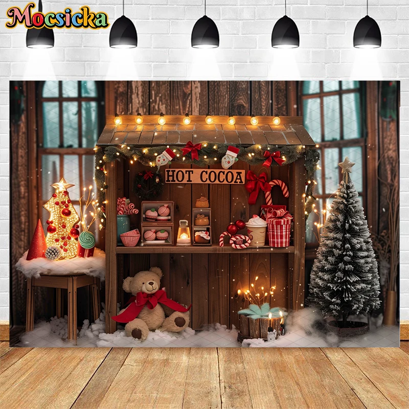 Mocsicka Christmas Hot Cocoa Tree Backdrop Kids Baby Photography Props Child Adult Photocall Xmas Wreath Decors Store Background