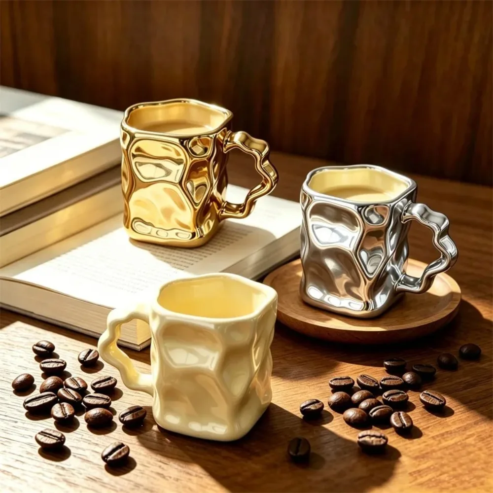 Irregular Pleated Texture Ceramic Coffee Mug Electroplated Gold Silver Handmade Wavy Handle Milk Tea Cup Creative Water Cup