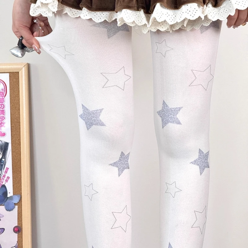 Japanese Design Lolita Girl Sweet Five-Pointed Star Velvet Women's Socks 2025 Spring Autumn New White Bottoming Tights Ladies