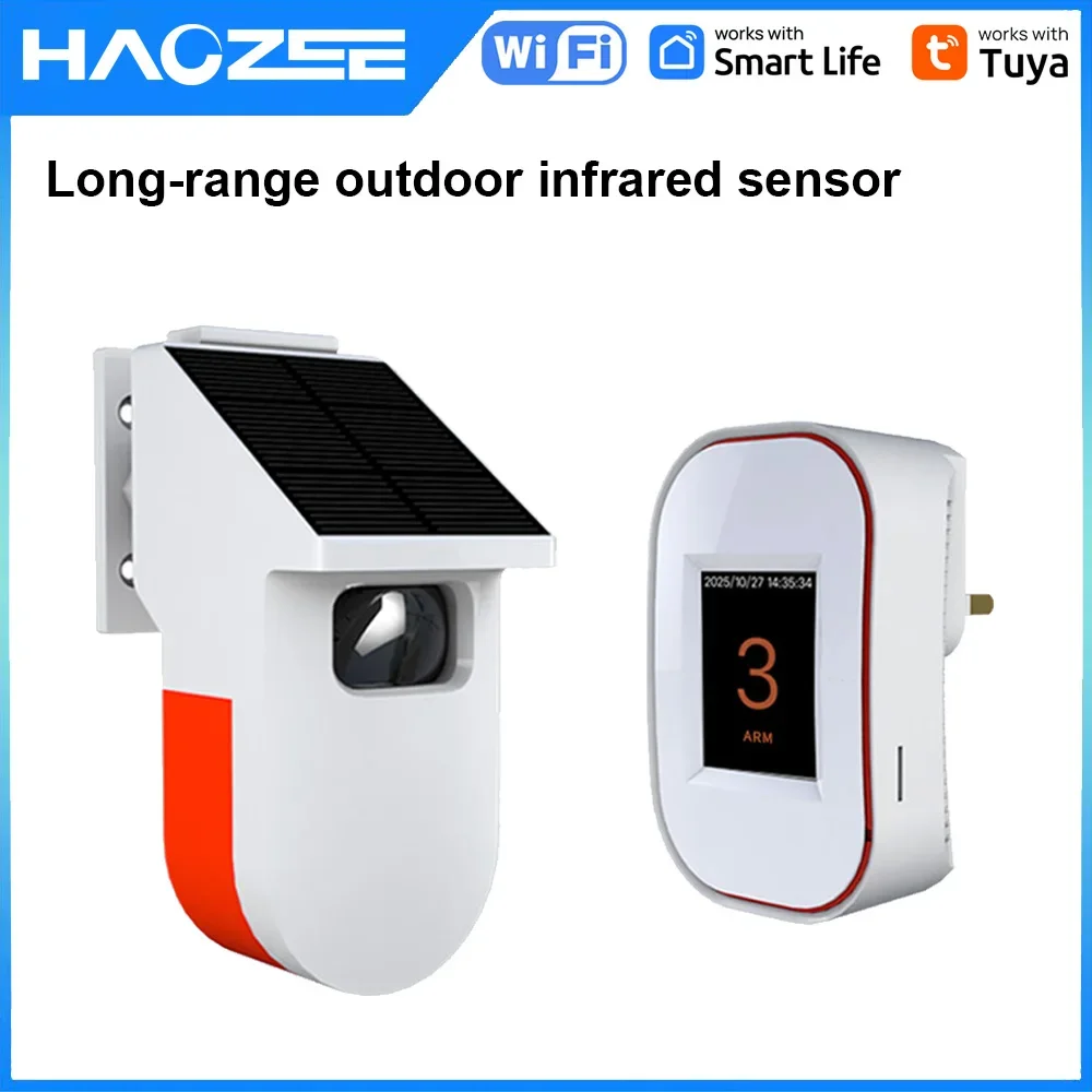 HAOZEE Tuya Wifi PIR Motion Sensor Solar Powerd Long Range 500m Outdoor Solar Alarm Detector Siren Horn Home Security