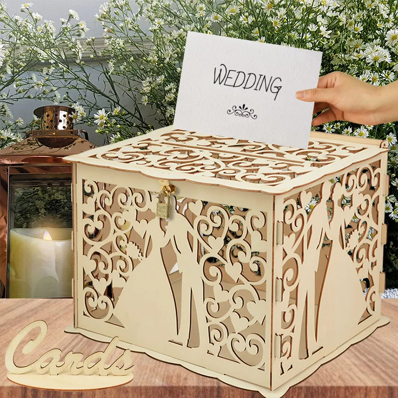 Wedding Wooden Gifts Card Boxes with Lock Hollow Mr & Mrs Flower Pattern Envelope Sign Card Wood Box DIY Rustic Wedding Supplies