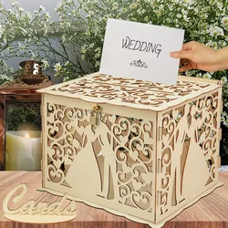 Wedding Wooden Gifts Card Boxes with Lock Hollow Mr & Mrs Flower Pattern Envelope Sign Card Wood Box DIY Rustic Wedding Supplies